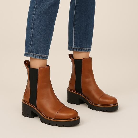 Sorel Joan Now Chelsea Boots Women 7.5 Brown Leather Pull On Waterproof Lug Sole - Picture 1 of 15